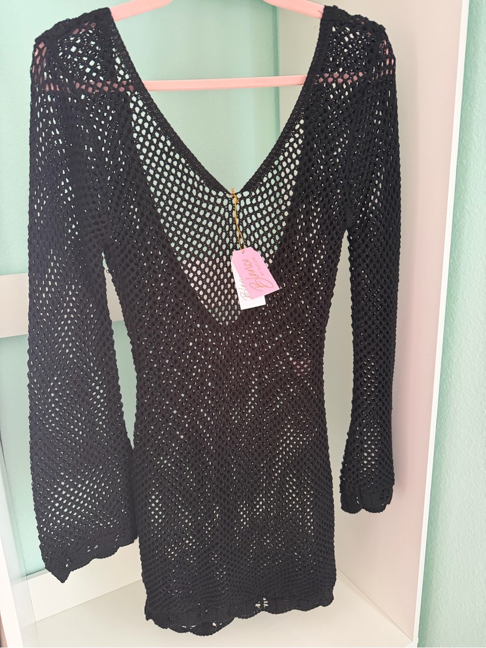 Black Open-Knit V-Neck Swim Coverup